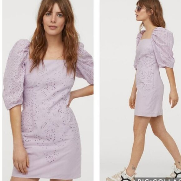 H&M Eyelet Puff Sleeve Dress Purple Sz XXL Square Neck Shift Silhouette Zip - Picture 1 of 9